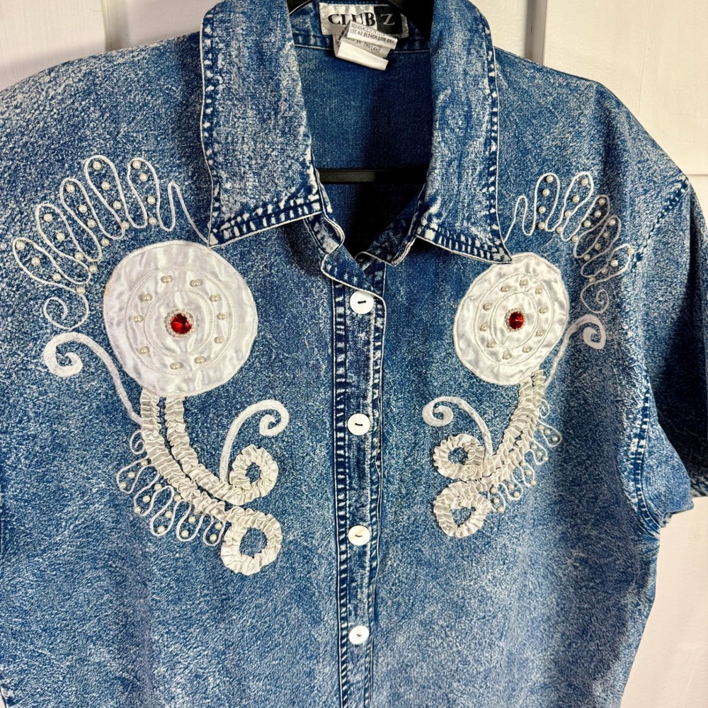 Club Z Acid Wash Denim Shirt‎ Blouse Rhinestone Pearl Embellishments